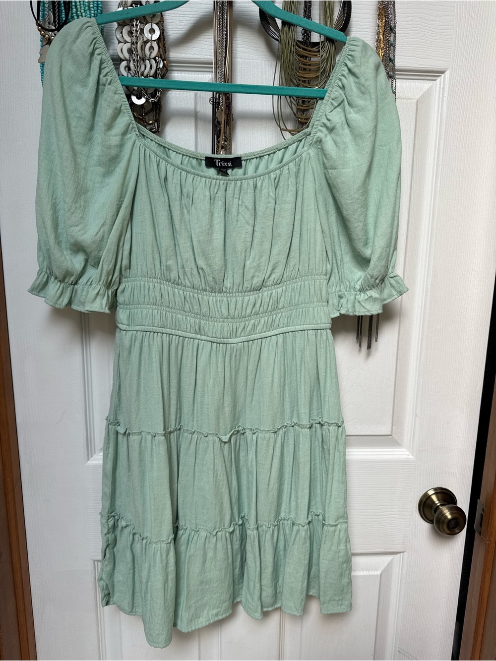 Trixxi Mint Green Puff Sleeve Tiered  Dress